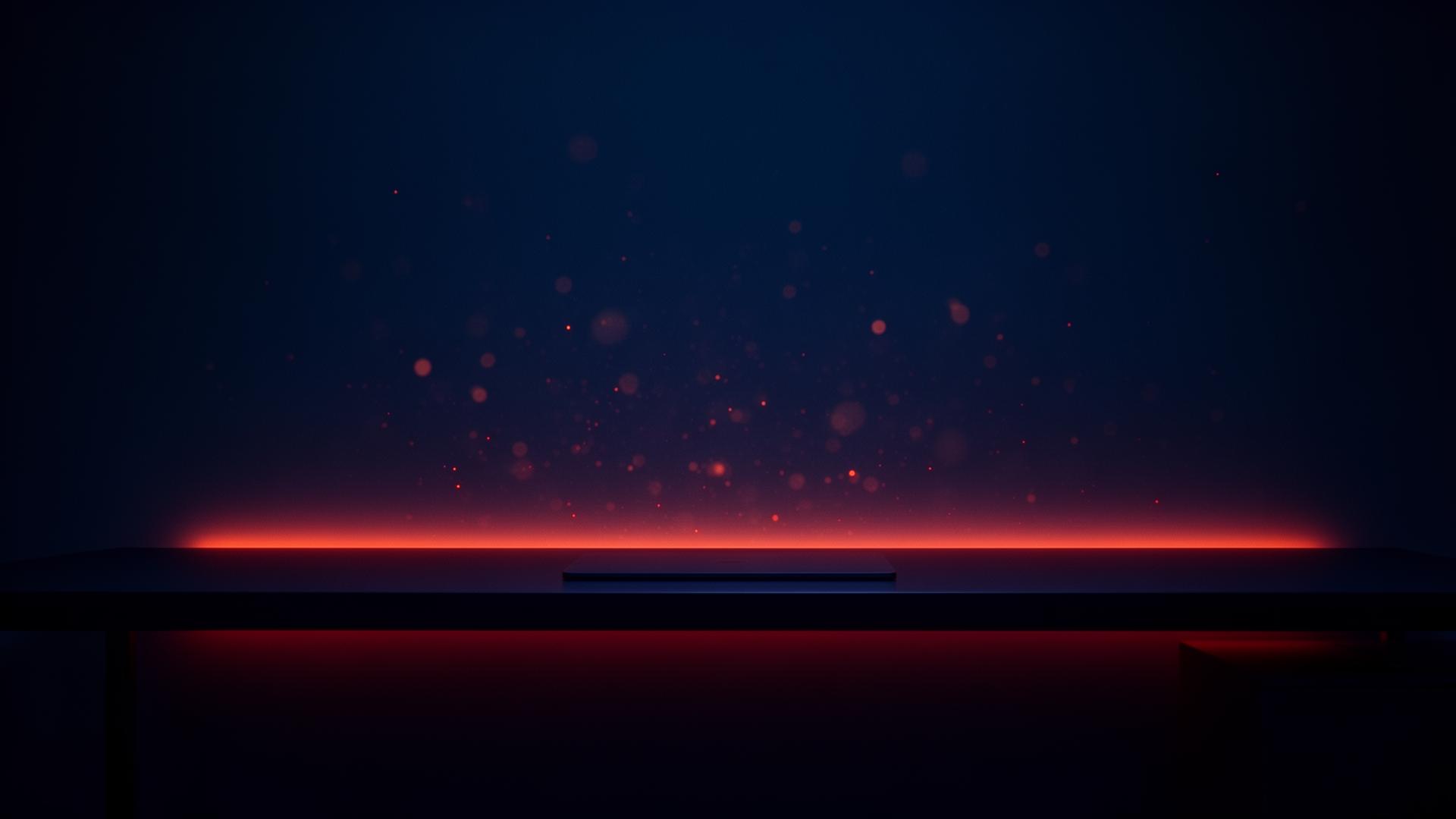 Atmospheric desk with glowing red accent — Ask Jake How AI assistant